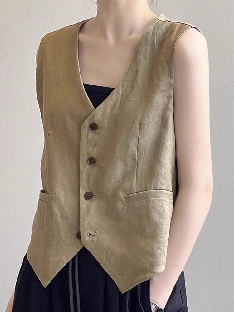 여자 린넨 브이넥조끼 캐주얼 얇은 클래식 중년여성 빈티지 레트로 와이드팬츠에어울리는 코디 - 상세 이미지 2