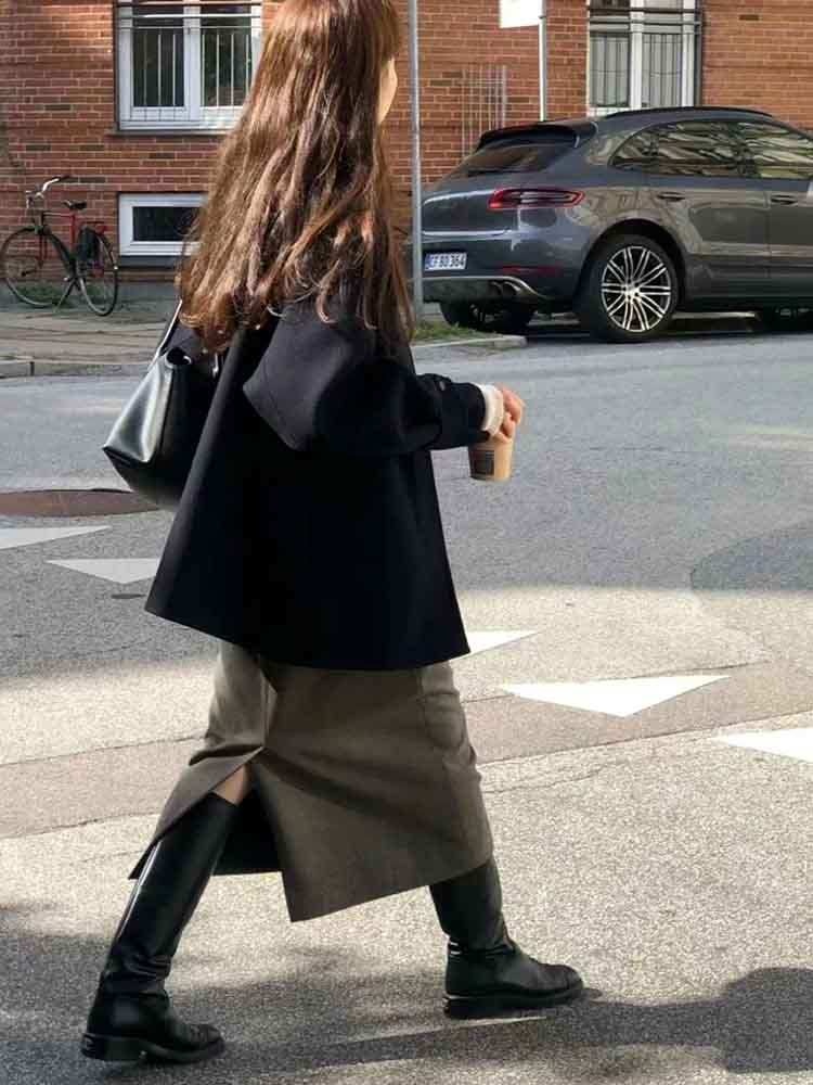 블랙 모직 반코트 여자 케이프 두꺼운 데일리 정장 캐주얼 출근 오피스룩 - 상세 이미지 4