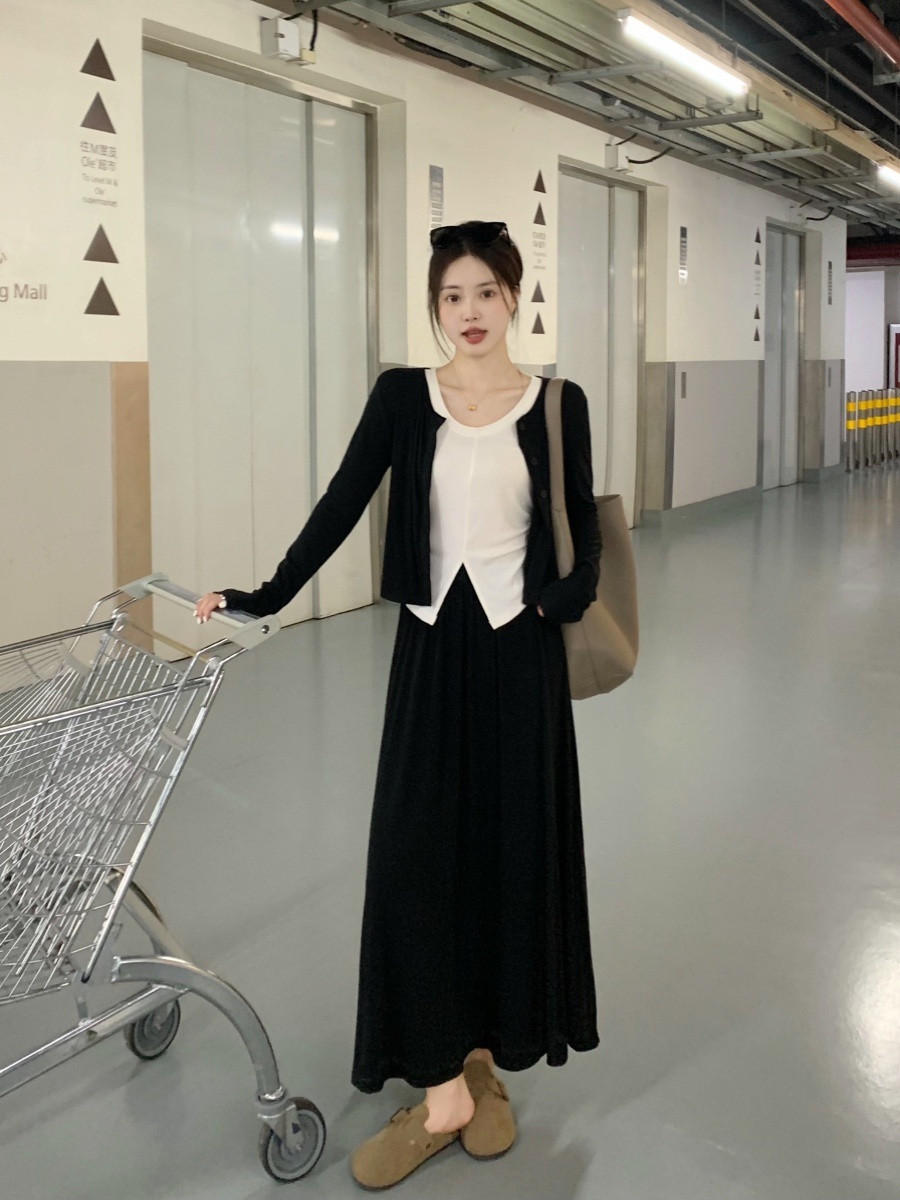 가디건 롱스커트 세트 봄 가을 캐주얼 빅사이즈 4XL까지 뚱뚱 통통녀 투피스 셋업 코디 - 상세 이미지 2