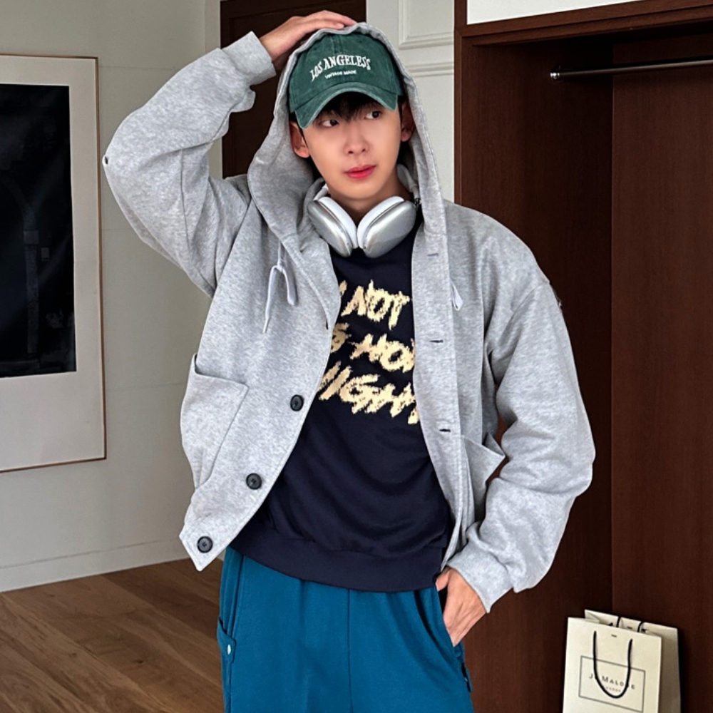남자 키데 오버핏 봄 가을 이중지 후드 가디건 - 상세 이미지 2