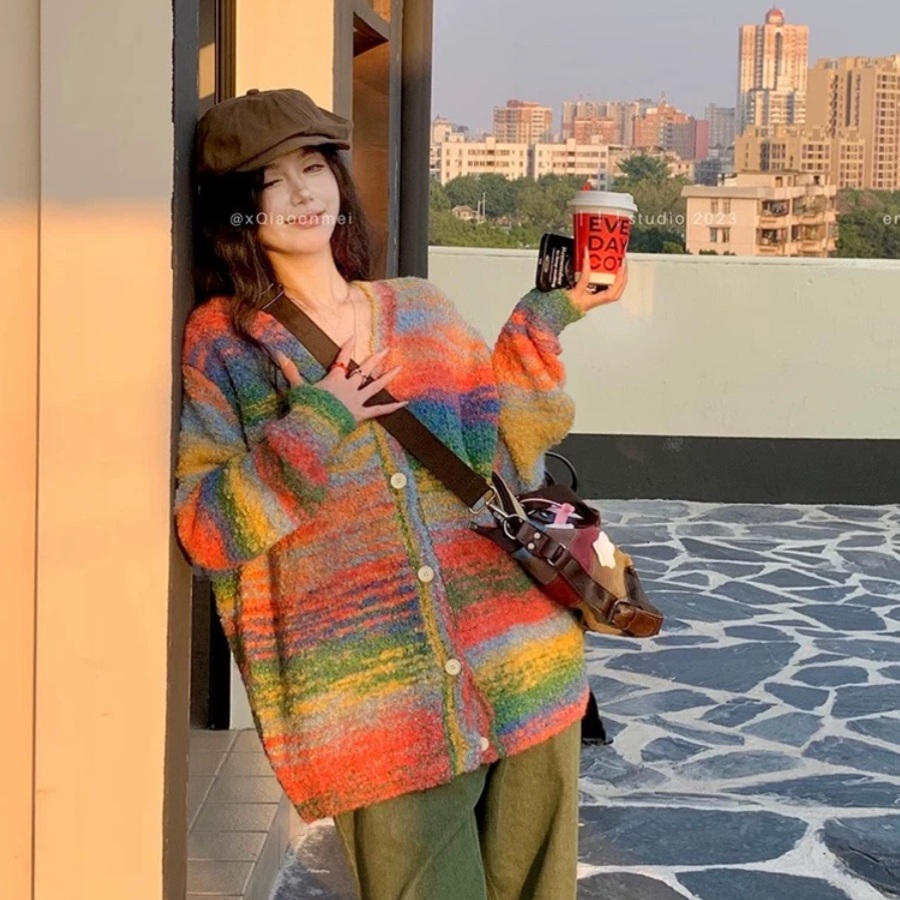브이넥 레인보우 가디건 여자 페인팅느낌 배색 오버핏 Y2K 빈티지 홍대느낌 - 상품 이미지