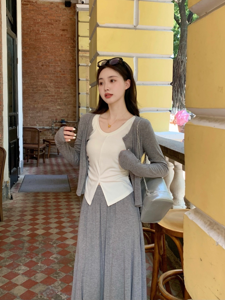 가디건 롱스커트 세트 봄 가을 캐주얼 빅사이즈 4XL까지 뚱뚱 통통녀 투피스 셋업 코디 - 상세 이미지 5