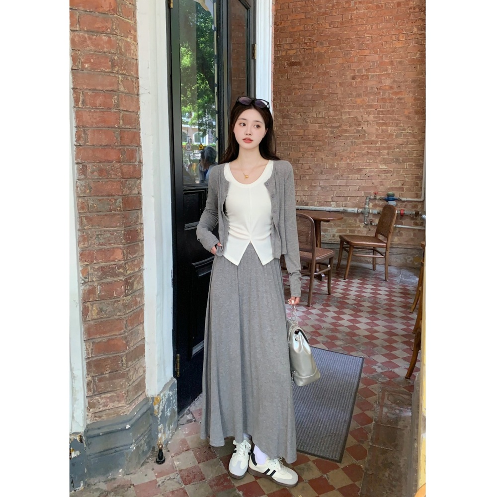 가디건 롱스커트 세트 봄 가을 캐주얼 빅사이즈 4XL까지 뚱뚱 통통녀 투피스 셋업 코디 - 상세 이미지 3