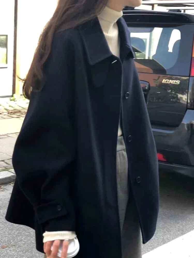 블랙 모직 반코트 여자 케이프 두꺼운 데일리 정장 캐주얼 출근 오피스룩 - 상세 이미지 2