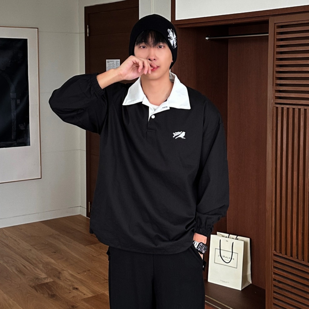 남자 임스 오버핏 봄 가을 캐주얼 배색 카라 맨투맨 티셔츠 - 상세 이미지 3