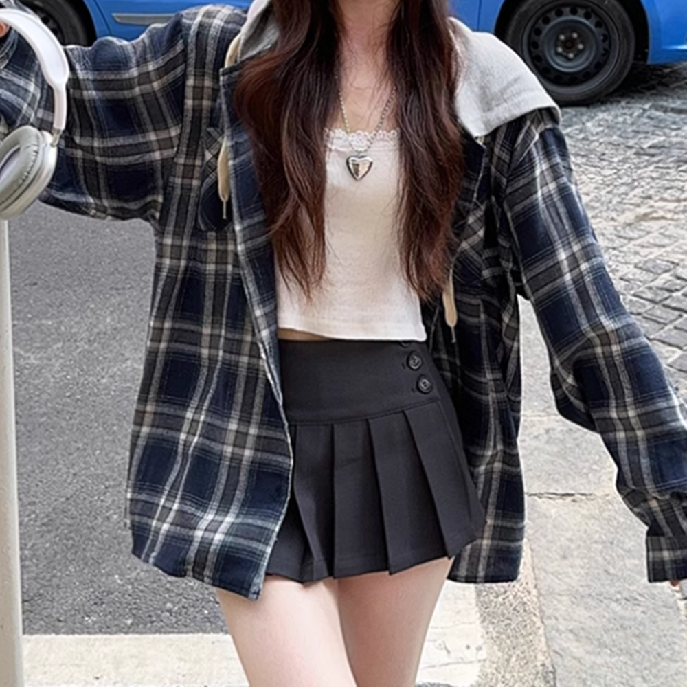 여자 후드 체크 셔츠 남방 루즈핏 - 메인 이미지