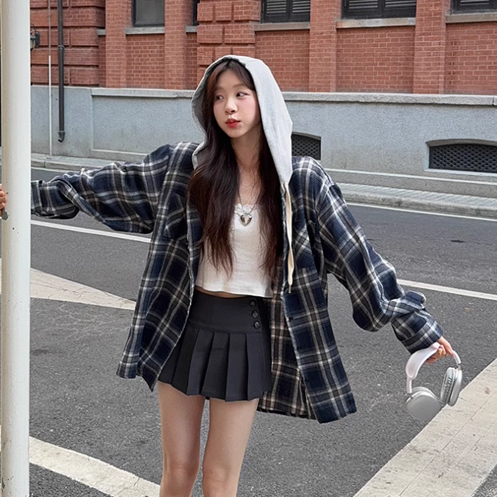 여자 후드 체크 셔츠 남방 루즈핏 - 상세 이미지 3
