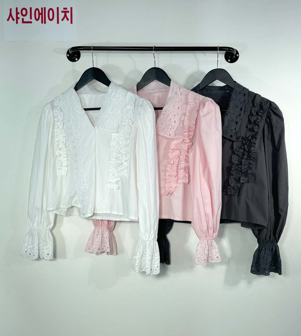 여자여자몰 유니크 펀칭카라 양프릴블라우스 퍼프소매 코튼셔츠 가을 - 상세 이미지 2