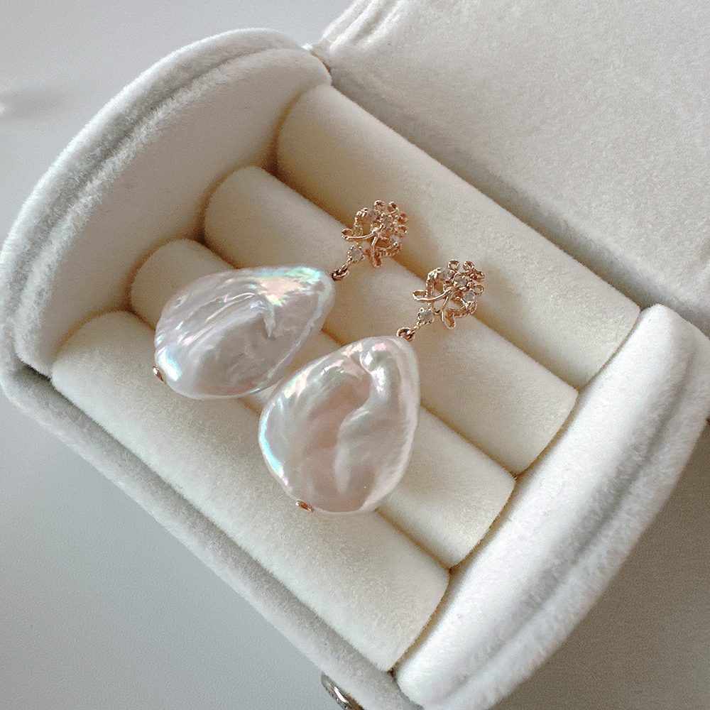 10K 14K 엔틱 담수 물방울 바로크 진주 딸랑이 드롭 귀걸이