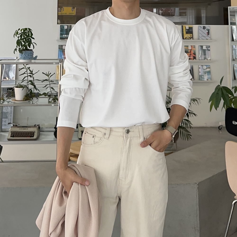 1+1 남자긴팔티 분또 무지 이너 흰색 티셔츠 - 상품 이미지