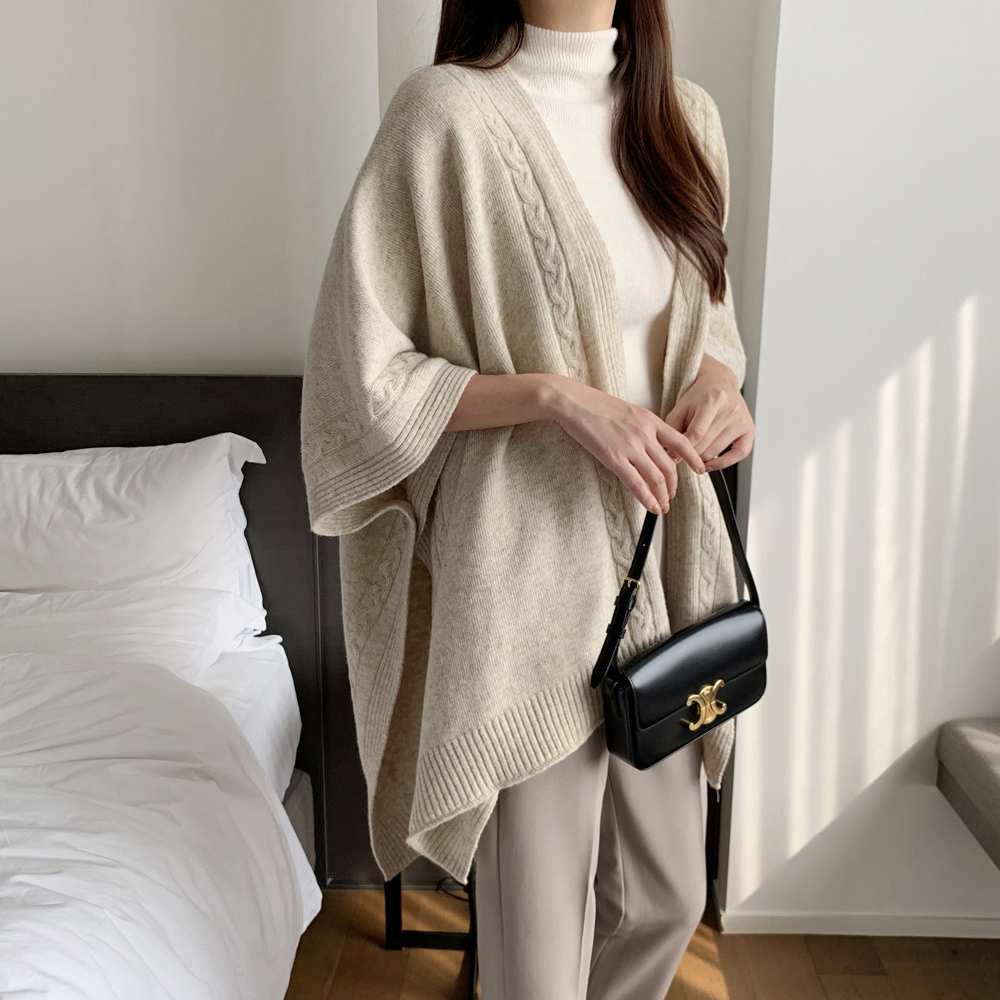 고급 꽈배기 케이프 니트 숄 어깨 울 캐시미어 니트 레이어드 케이블 여성 니트 가을 겨울