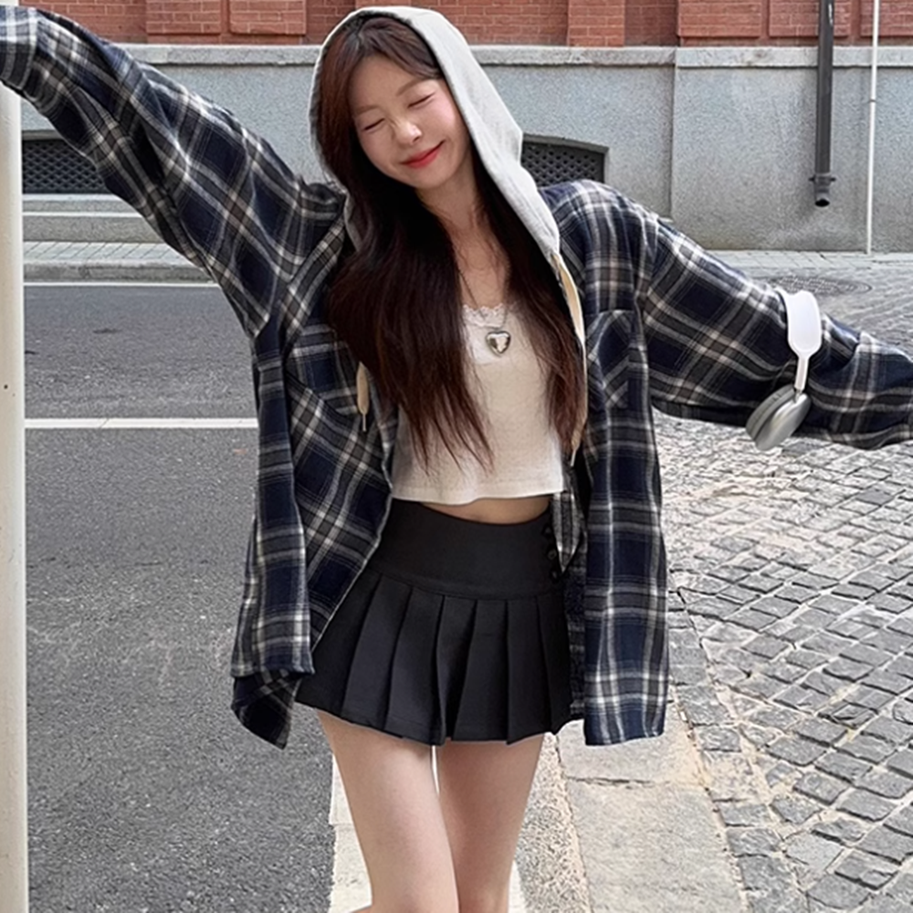 여자 후드 체크 셔츠 남방 루즈핏 - 상세 이미지 2