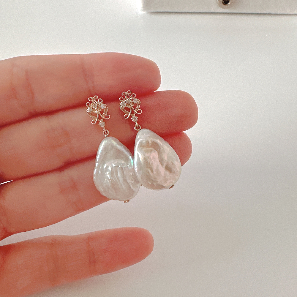 10K 14K 엔틱 담수 물방울 바로크 진주 딸랑이 드롭 귀걸이