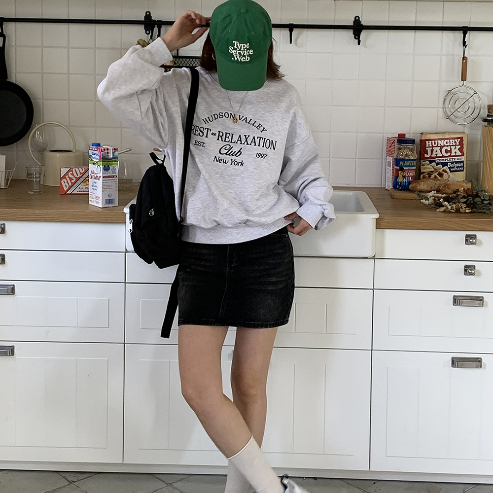 기모 캐주얼 배색 레터링 자수 라운드 여성 루즈핏 맨투맨 티셔츠 세미 크롭 긴팔맨투맨 티 - 상세 이미지 2