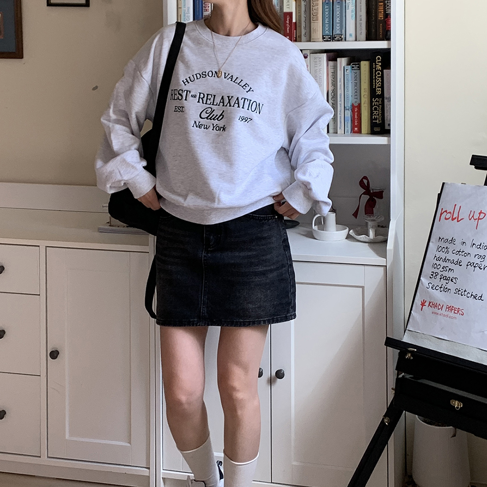 기모 캐주얼 배색 레터링 자수 라운드 여성 루즈핏 맨투맨 티셔츠 세미 크롭 긴팔맨투맨 티 - 상품 이미지