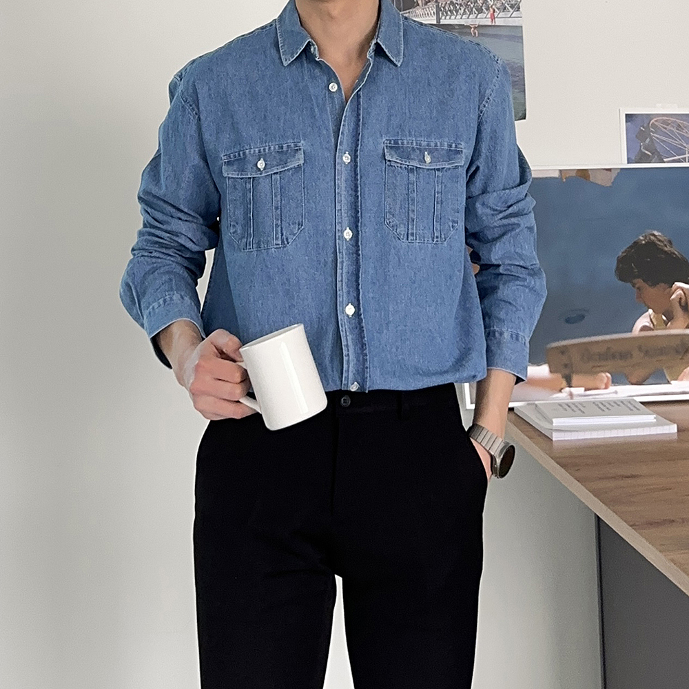 남자청남방 오버핏 봄 가을 데님 남자 셔츠 남성와이셔츠 - 상세 이미지 2