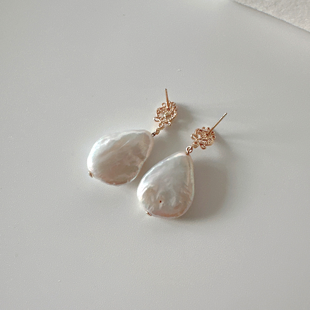 10K 14K 엔틱 담수 물방울 바로크 진주 딸랑이 드롭 귀걸이