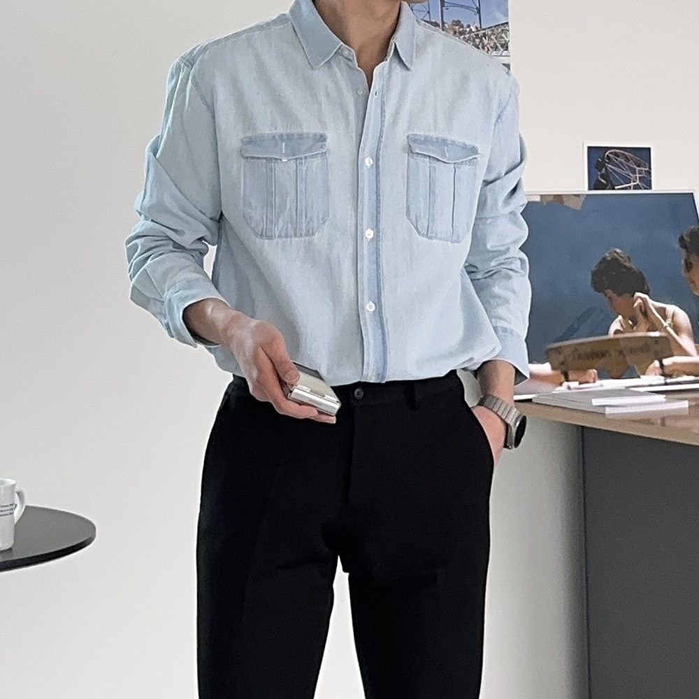 남자청남방 오버핏 봄 가을 데님 남자 셔츠 남성와이셔츠 - 상세 이미지 3
