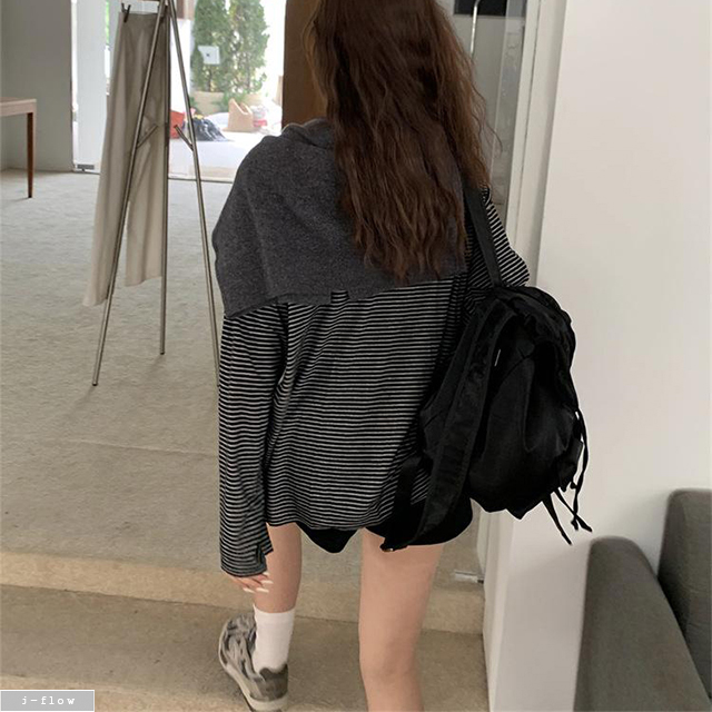 나띠 라운드 스트라이프 오버핏 하프 니트 3col 가을 봄 티셔츠 박시 루즈핏 제이플로우 이미지 6