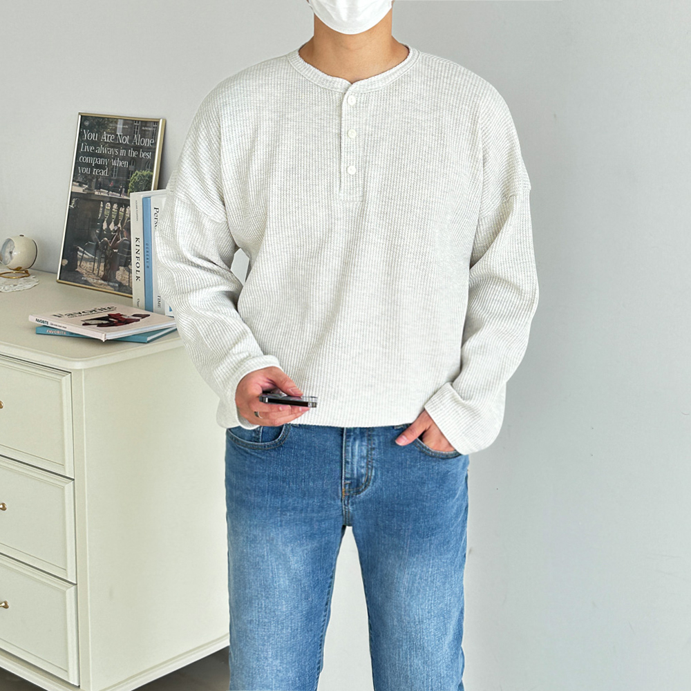 남자 와플 헨리넥 루즈핏 긴팔 니트 티셔츠 6color - 상품 이미지