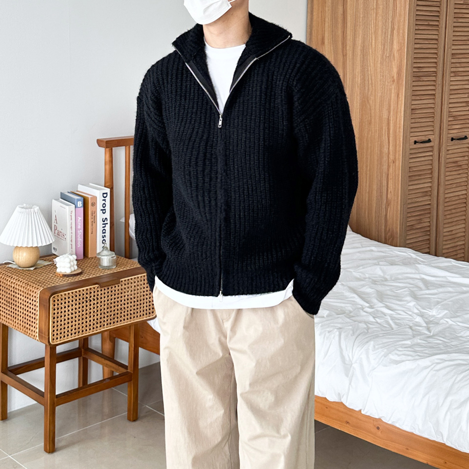 남자 미니멀 브러쉬 투웨이 지퍼 울 터틀넥 오버핏 하이넥 니트 집업 자켓 4color - 상세 이미지 5