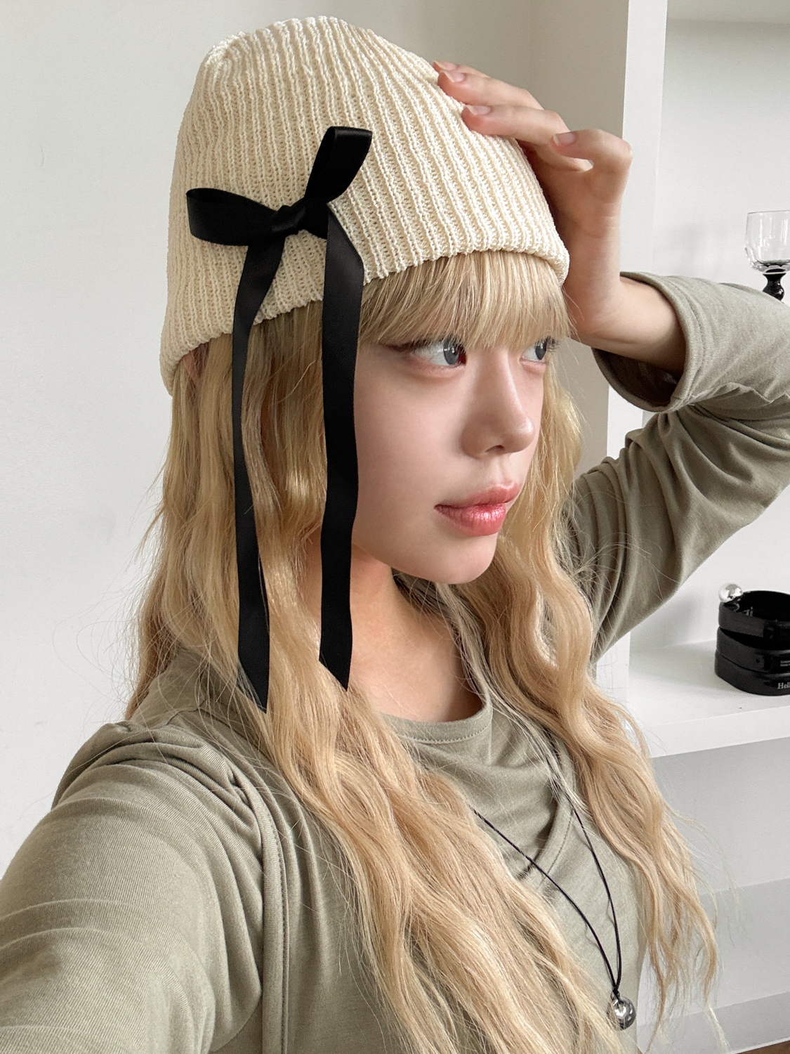 드롭 리본 니트 골지 비니 모자 2color 상세 이미지 15