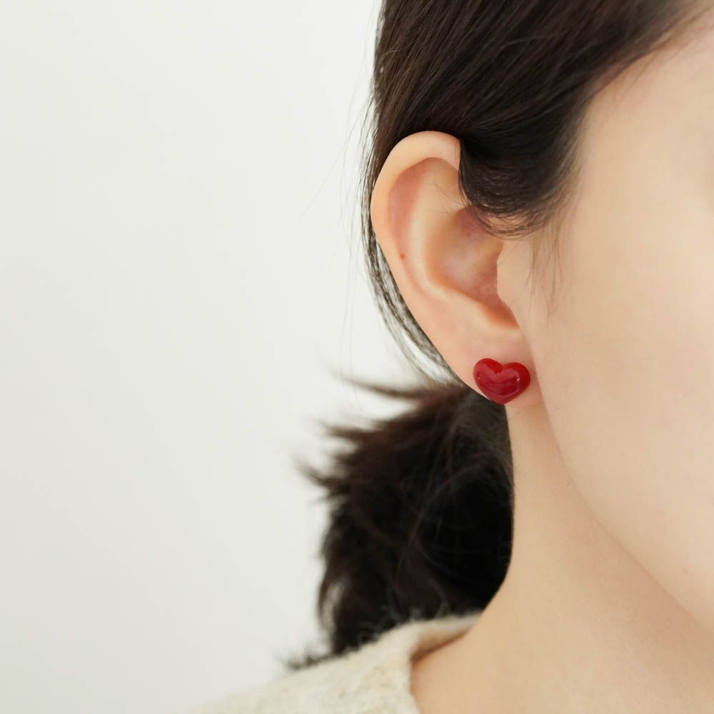 실버925 하트 통통 귀걸이 레드 펄 진주 미니 볼드 - 상세 이미지 2