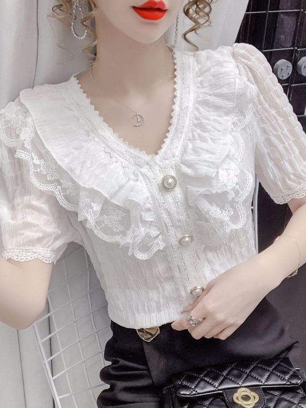 브이넥 반소매 꽃무늬 여성반팔블라우스 레이스 흰블라우스 - 상품 이미지