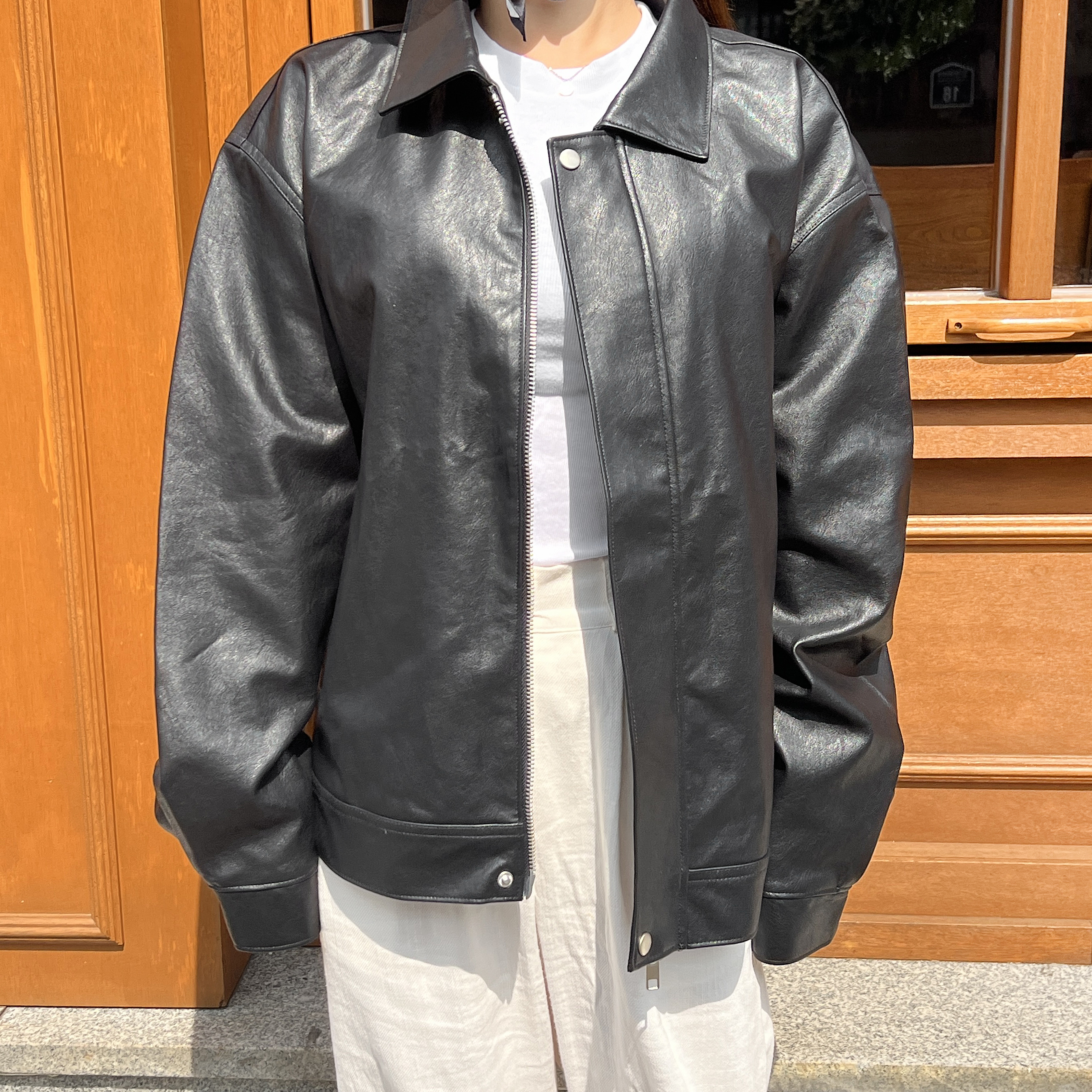 스엔 데일리 오버핏 집업 카라 가죽 레자 레더 라이더자켓 - 상세 이미지 5