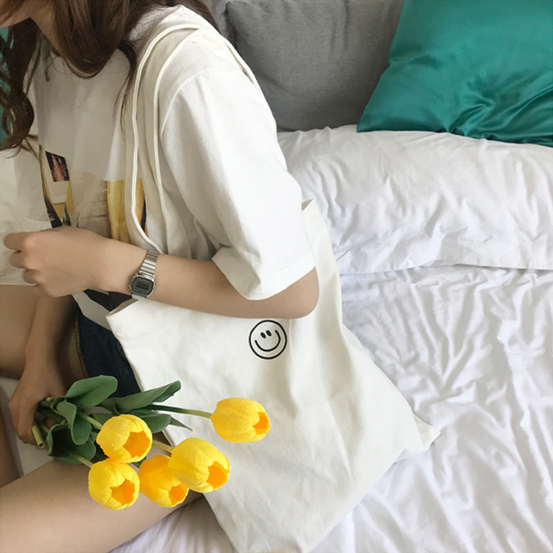 스마일에코백 대형 스마일가방 캔버스 빅숄더백 여성 남자 학생 천가방 쇼핑백 장바구니 검정 - 상세 이미지 2