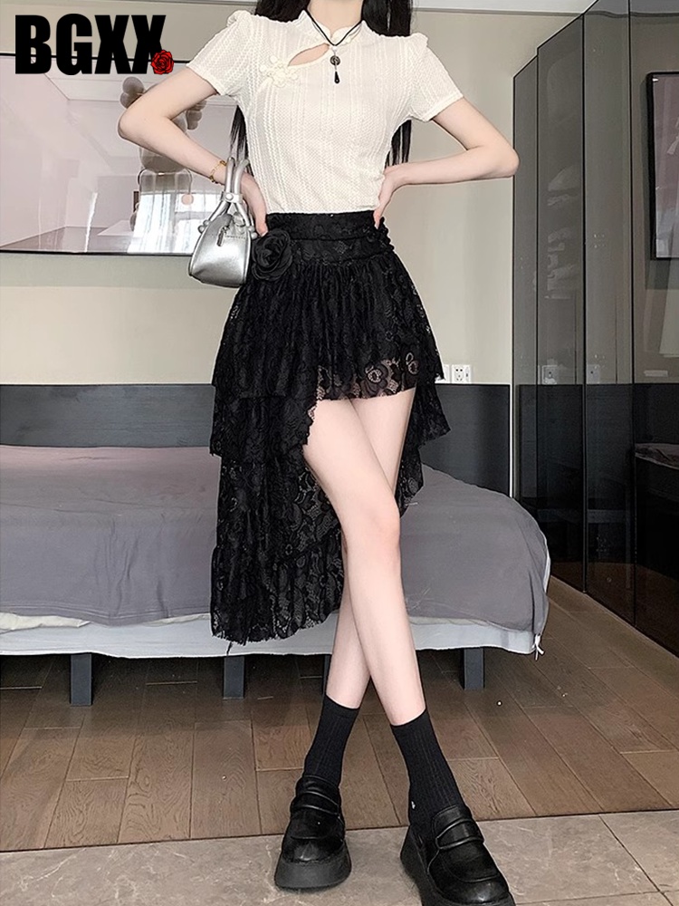 꽃 블랙 흰치마 여름 레이스 캉캉 언발란스스커트 - 상세 이미지 4
