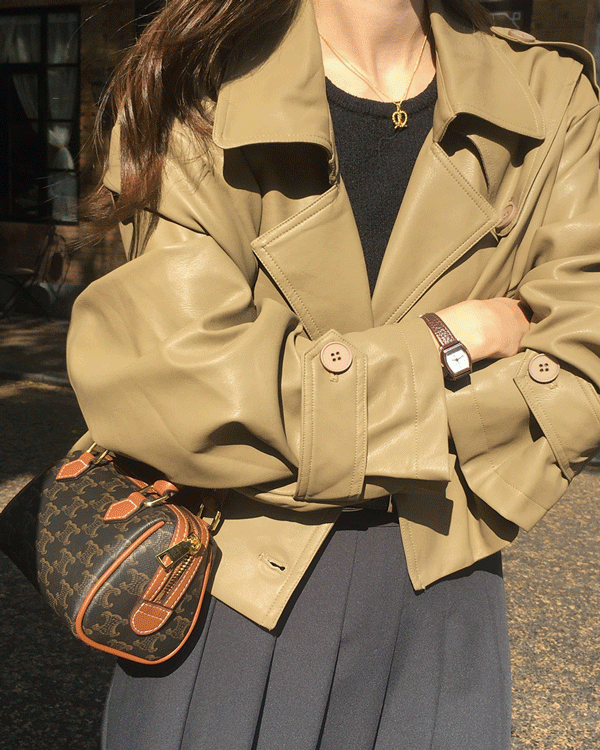 포유 레더 베이직 무광 루즈핏 가죽 트렌치 버튼 단추 카라 숏 라이더 자켓