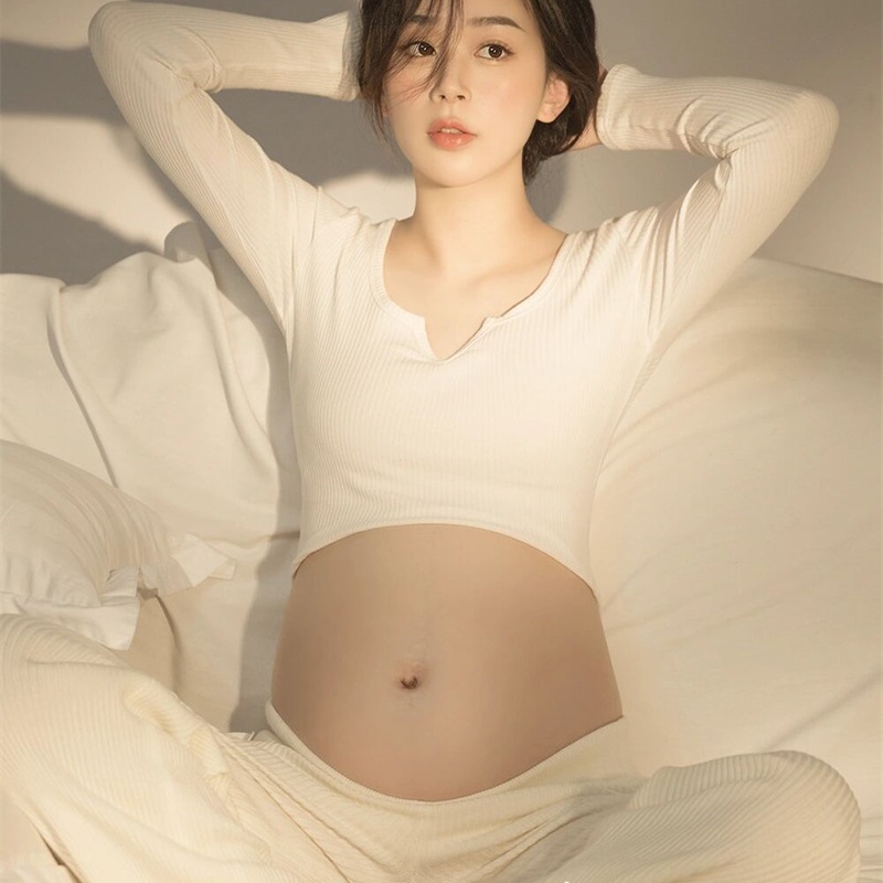 만삭사진 크롭티 긴팔 배꼽티 임산부 옷 촬영 - 상세 이미지 3