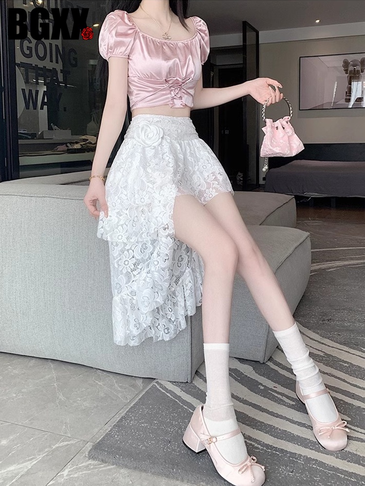 꽃 블랙 흰치마 여름 레이스 캉캉 언발란스스커트 - 상세 이미지 3