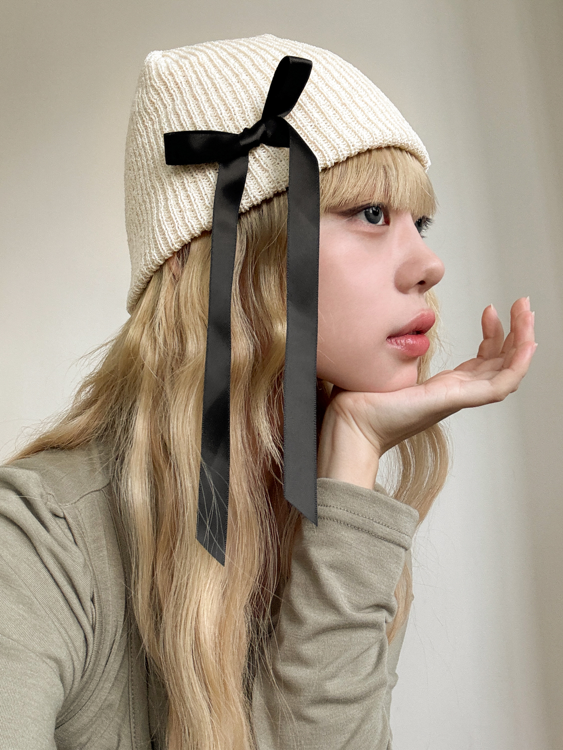 드롭 리본 니트 골지 비니 모자 2color 상세 이미지 11
