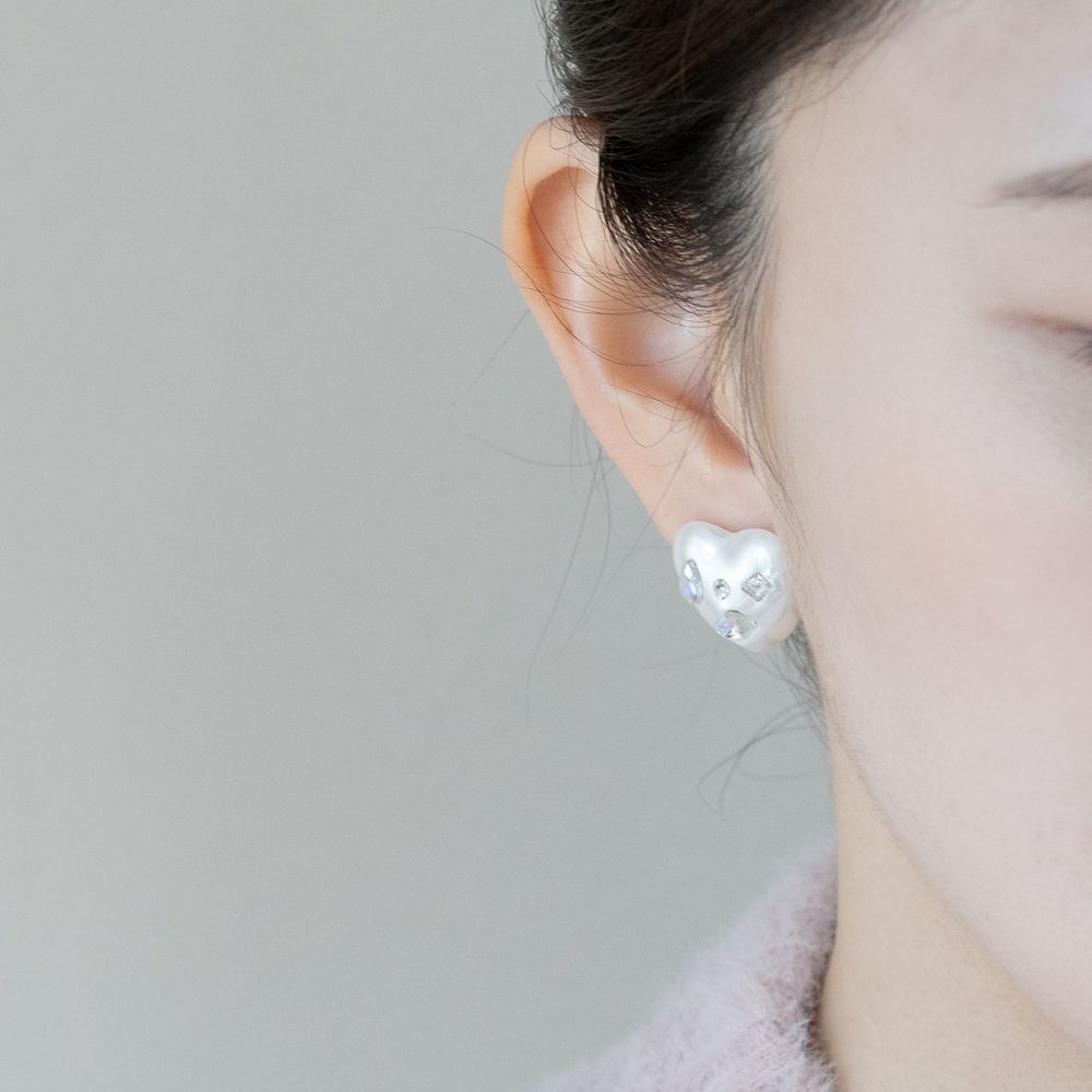 실버925 하트 큐빅 진주 은 귀걸이 볼드 - 상세 이미지 4