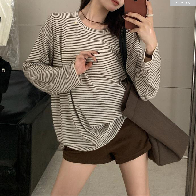 나띠 라운드 스트라이프 오버핏 하프 니트 3col 가을 봄 티셔츠 박시 루즈핏 제이플로우 이미지 7