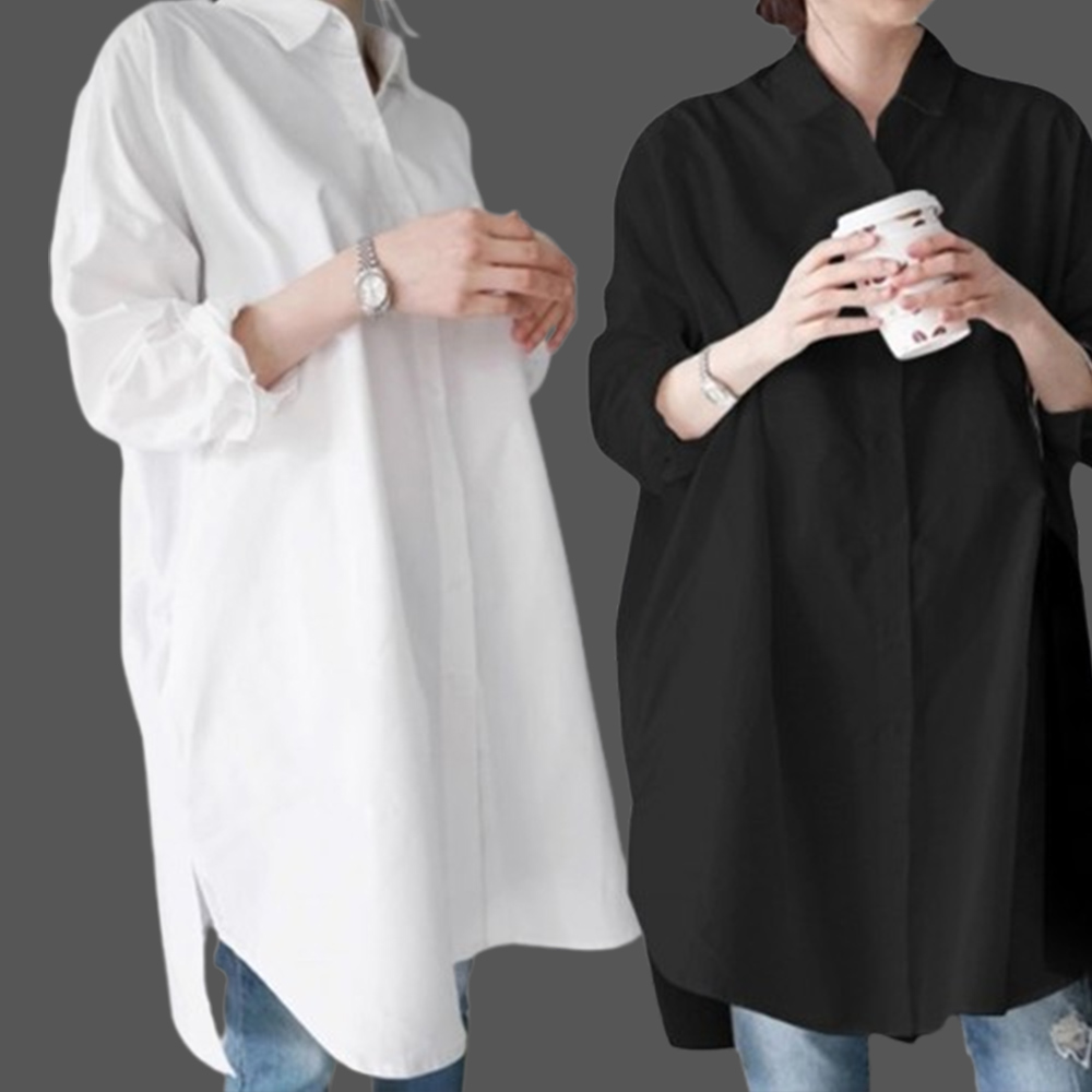 롱 셔츠 블라우스 데일리 카라 출근 무지 오피스 출근 봄 가을 여름 룩 여자 중년 남방 - 상품 이미지