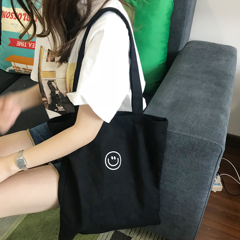 스마일에코백 대형 스마일가방 캔버스 빅숄더백 여성 남자 학생 천가방 쇼핑백 장바구니 검정 - 메인 이미지