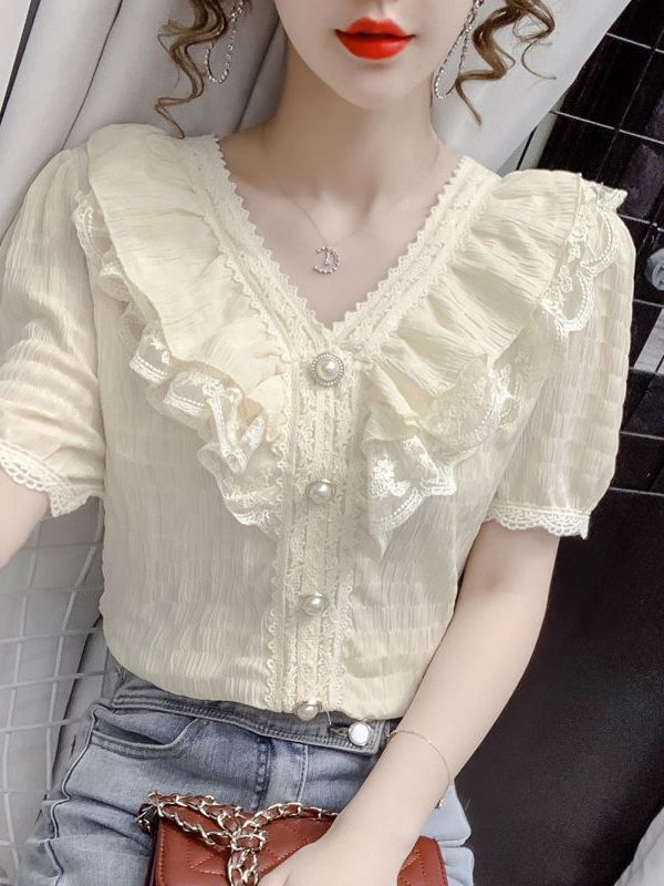 브이넥 반소매 꽃무늬 여성반팔블라우스 레이스 흰블라우스 - 상세 이미지 2