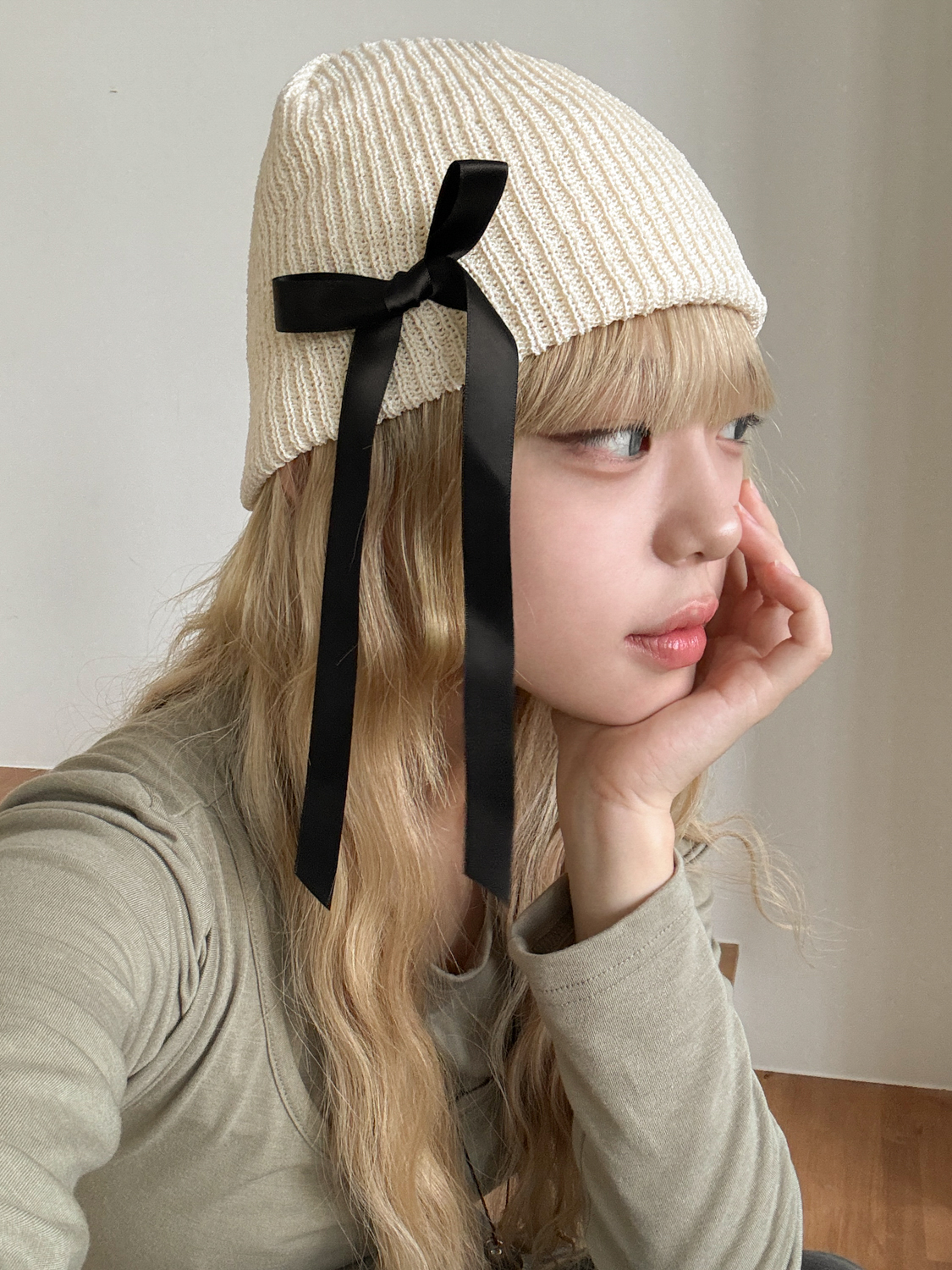 드롭 리본 니트 골지 비니 모자 2color 상세 이미지 14