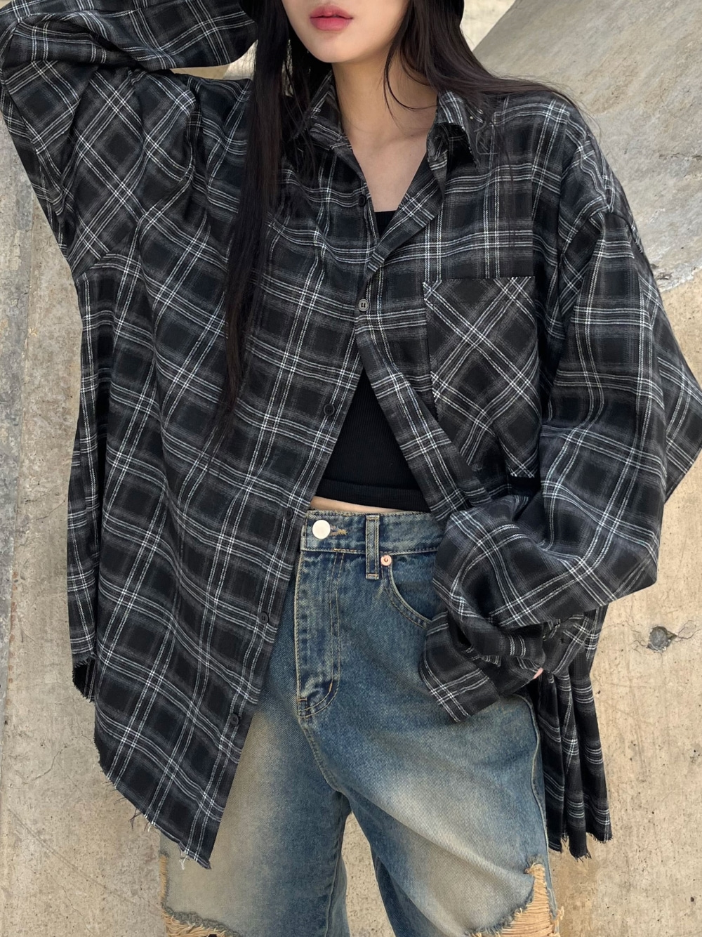 빈티지 오버핏 체크 셔츠 [UNISEX] : 키스키