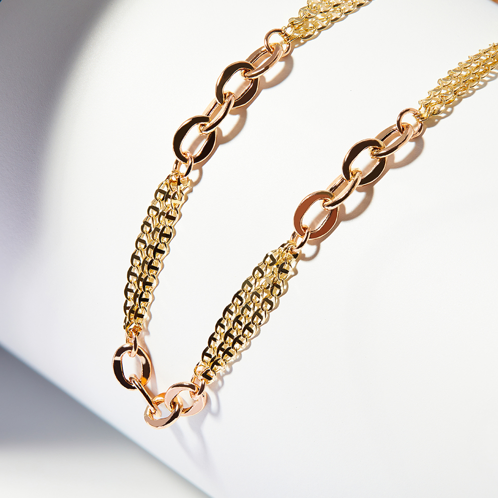 14K 18K 할로우 프리모 플랫 레이어드 콤비 체인 금 팔찌