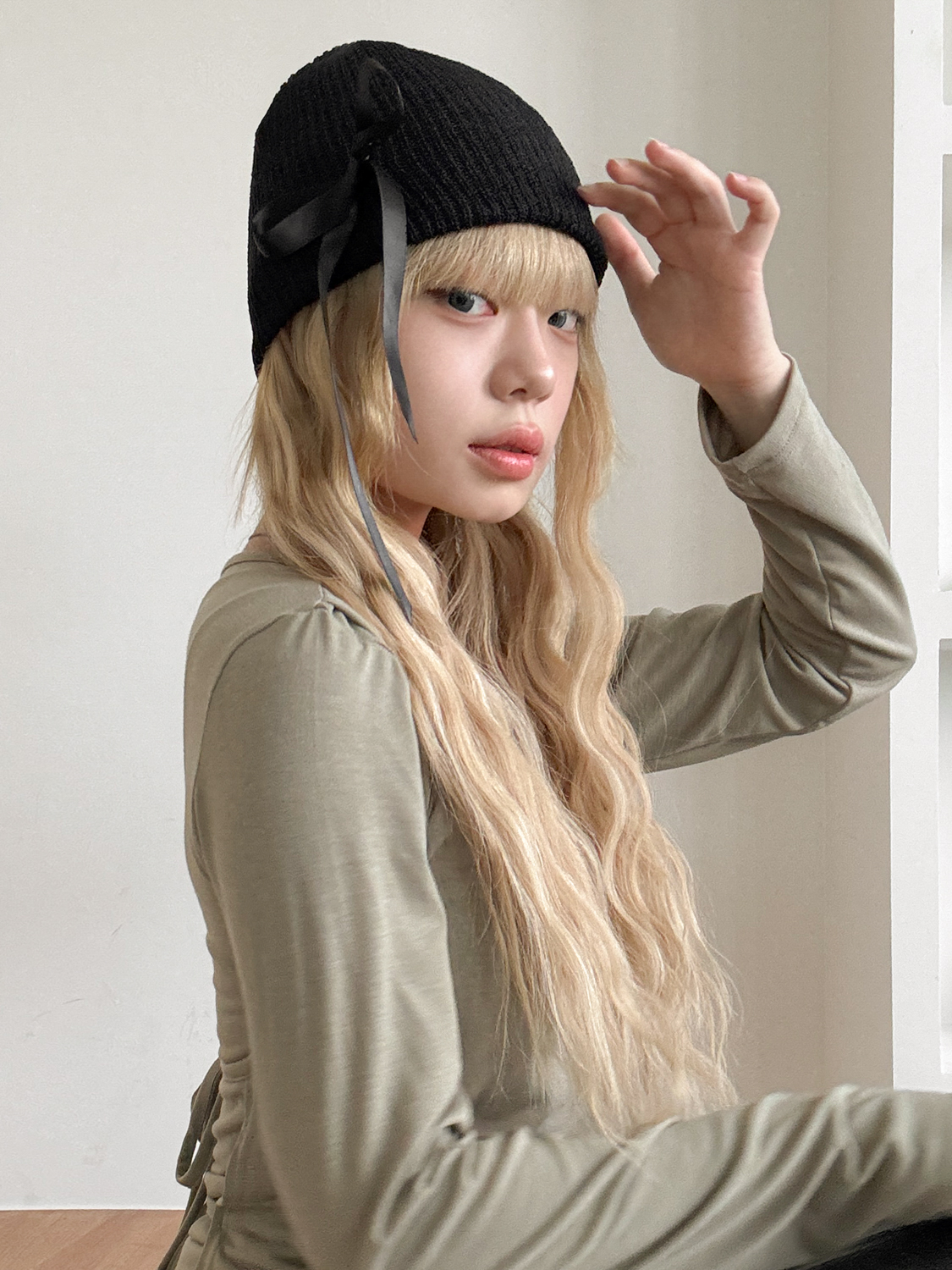 드롭 리본 니트 골지 비니 모자 2color 상세 이미지 28