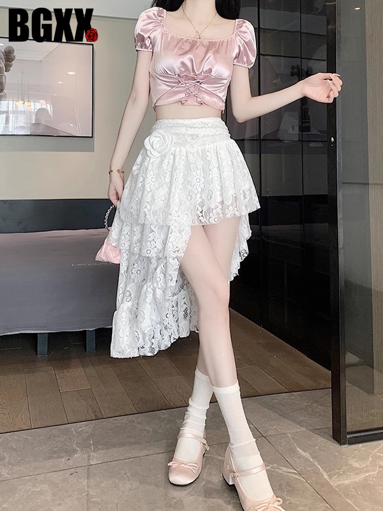꽃 블랙 흰치마 여름 레이스 캉캉 언발란스스커트 - 상세 이미지 2