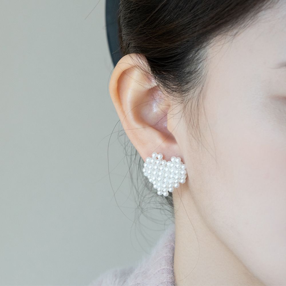 실버925 하트 진주 은 귀걸이 볼드 - 메인 이미지