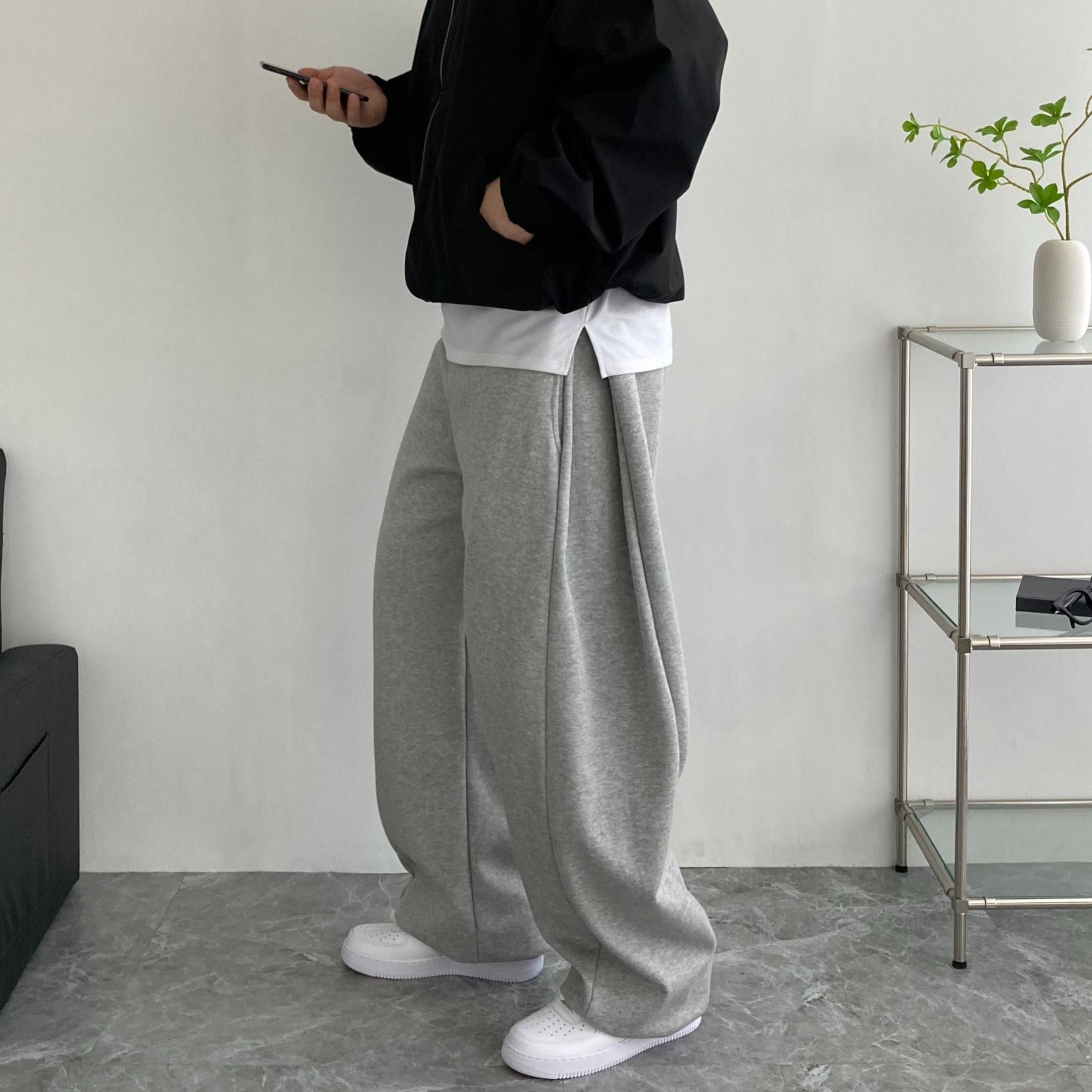 남자 와이드팬츠 사이드 핀턱 스트링 Y2K 벌룬핏 회색 트레이닝바지 원마일 스트릿 제품 이미지