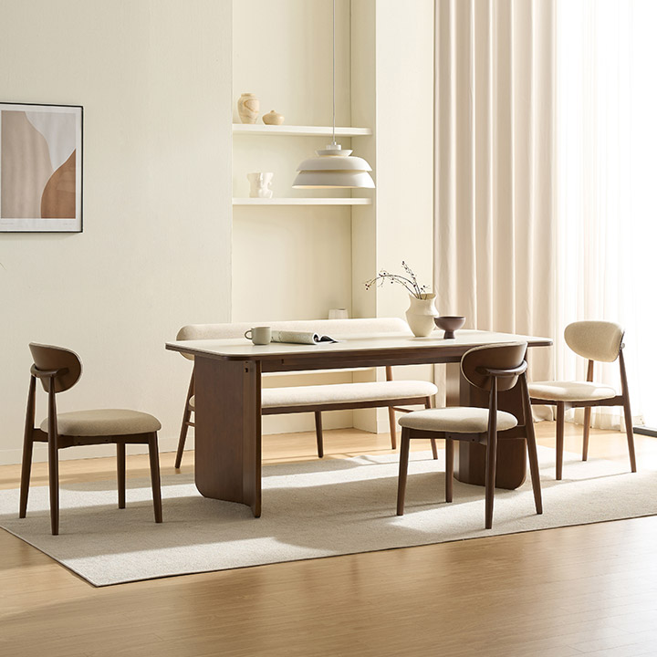 [삼익가구]모이르 포세린 세라믹 6인용 원목 1800 식탁세트(벤치1+원목의자3)