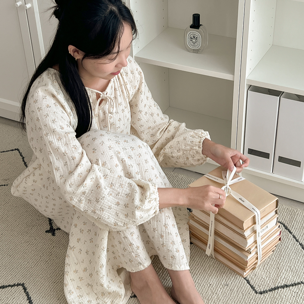센느 플라워 요루면 긴팔 투피스 원피스 잠옷 여성파자마 1color - 상세 이미지 4