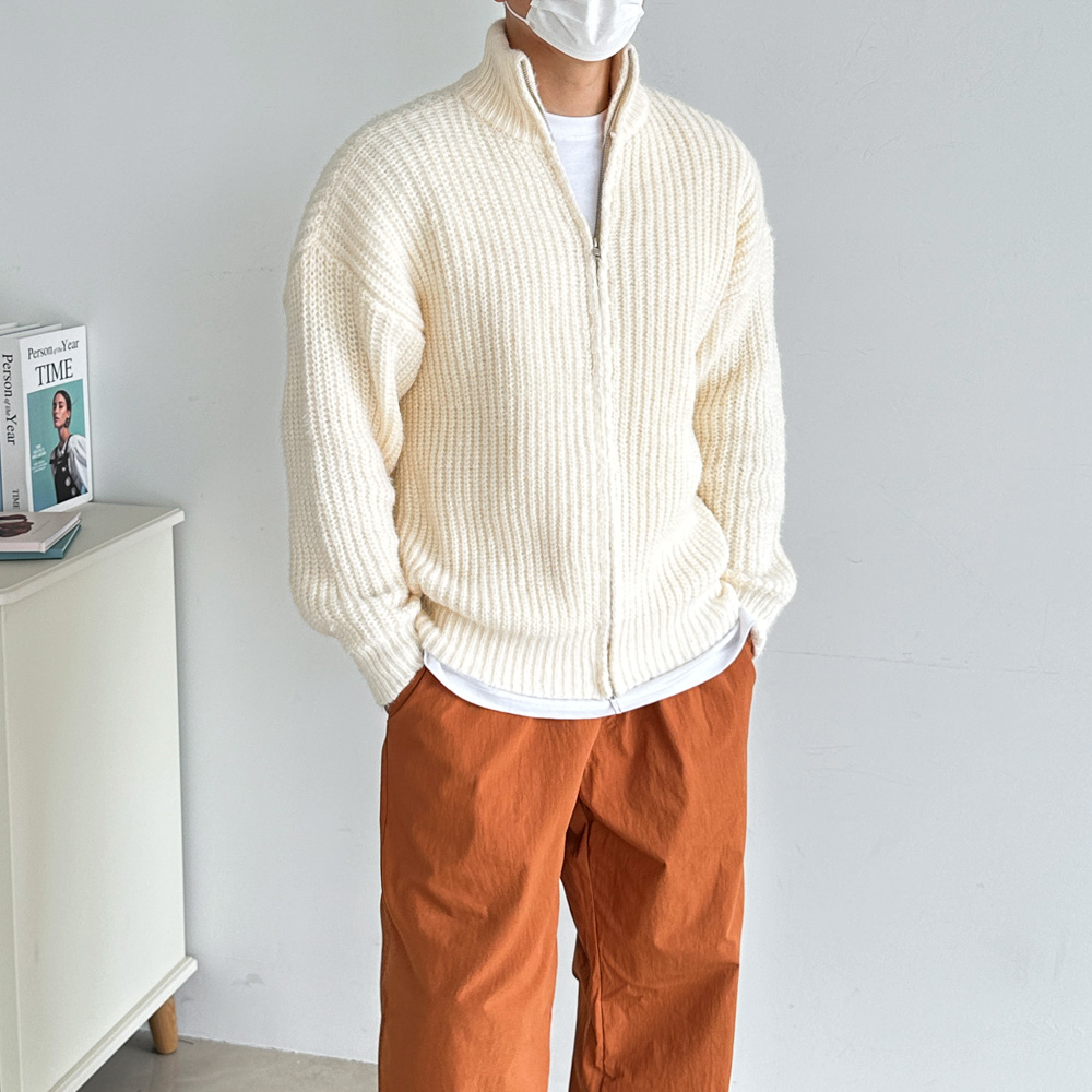 남자 미니멀 브러쉬 투웨이 지퍼 울 터틀넥 오버핏 하이넥 니트 집업 자켓 4color - 상세 이미지 2